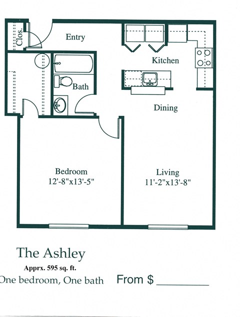 Floor plan for 1 bed, 1 bath, 595 sqft